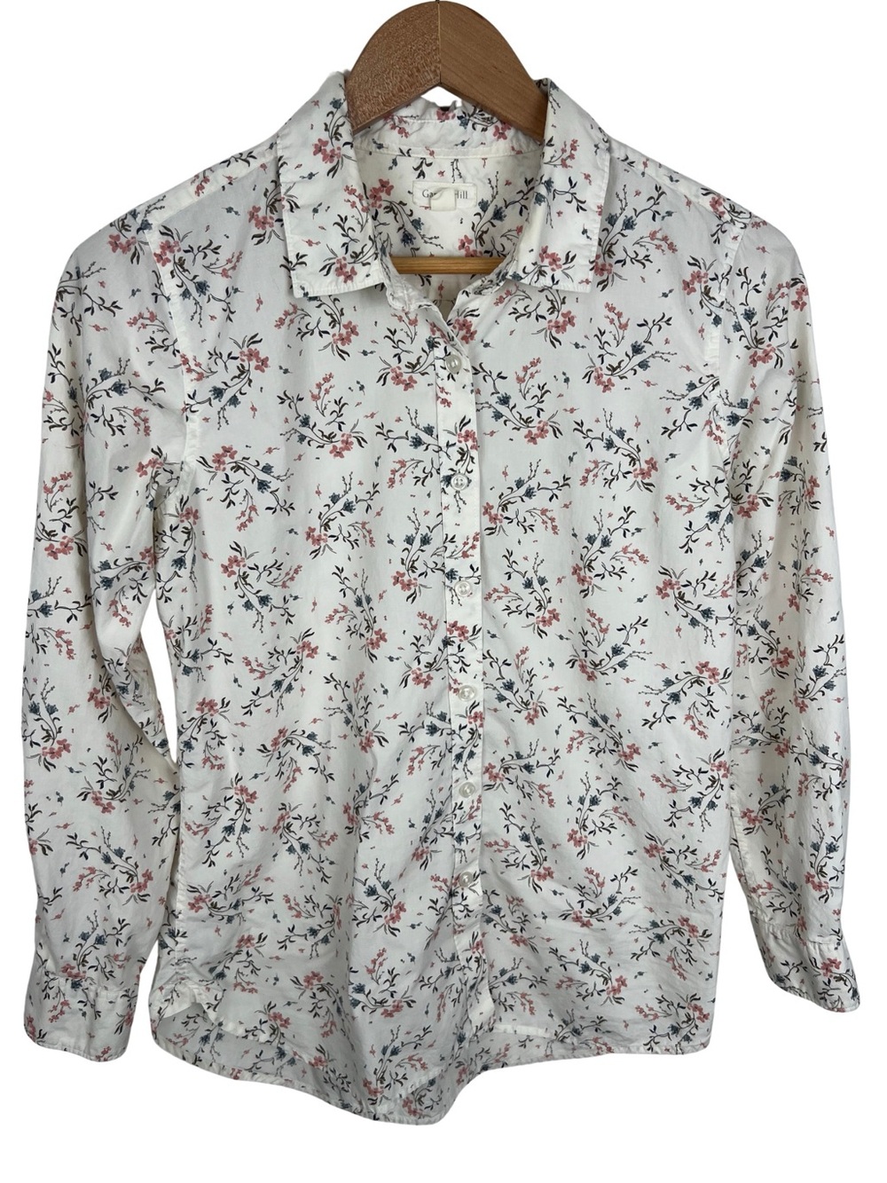 Garnet Hill Button Up Shirt 100% Organic Pima Cotton Floral White Long Sleeve 4